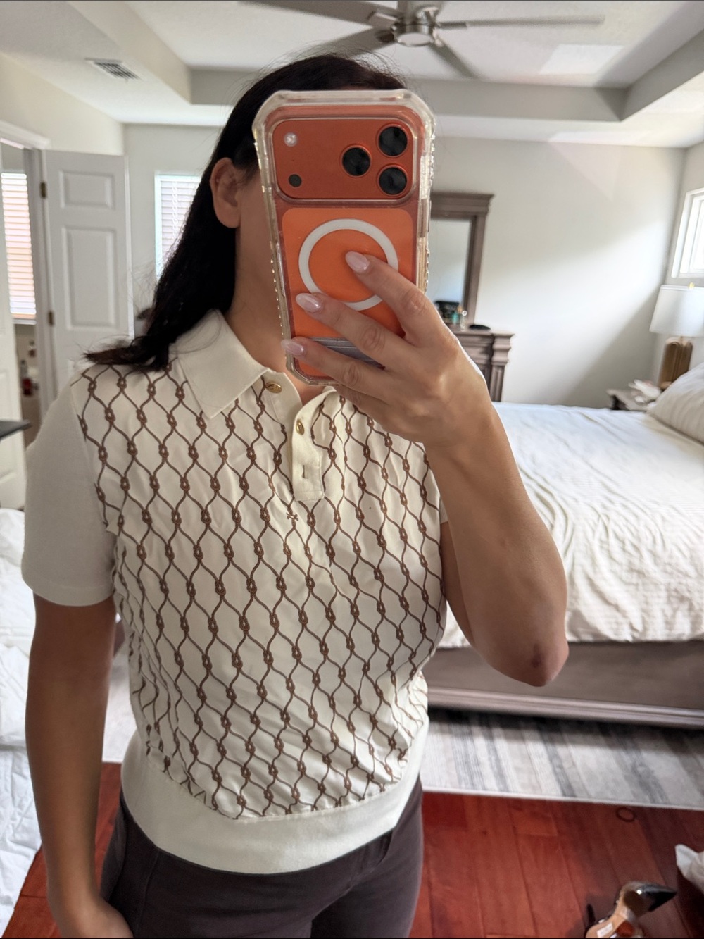 Tory Burch Cream Polo Shirt with Brown Chain-Print